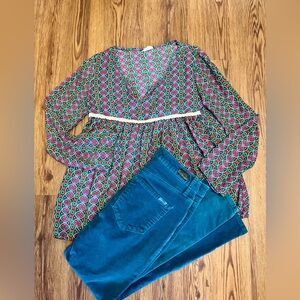 NATURAL LIFE Multicolor Geometric Blouse & Seven7 corduroy Teal jeans